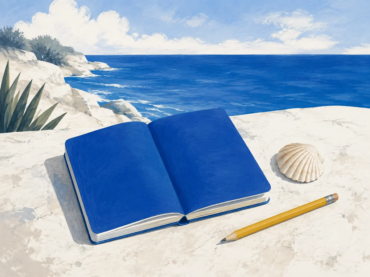 An open blue notebook beside a shell and yellow pencil
