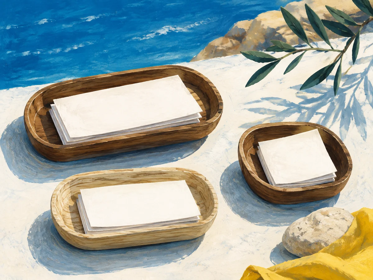Unequal wooden trays holding blank paper slips