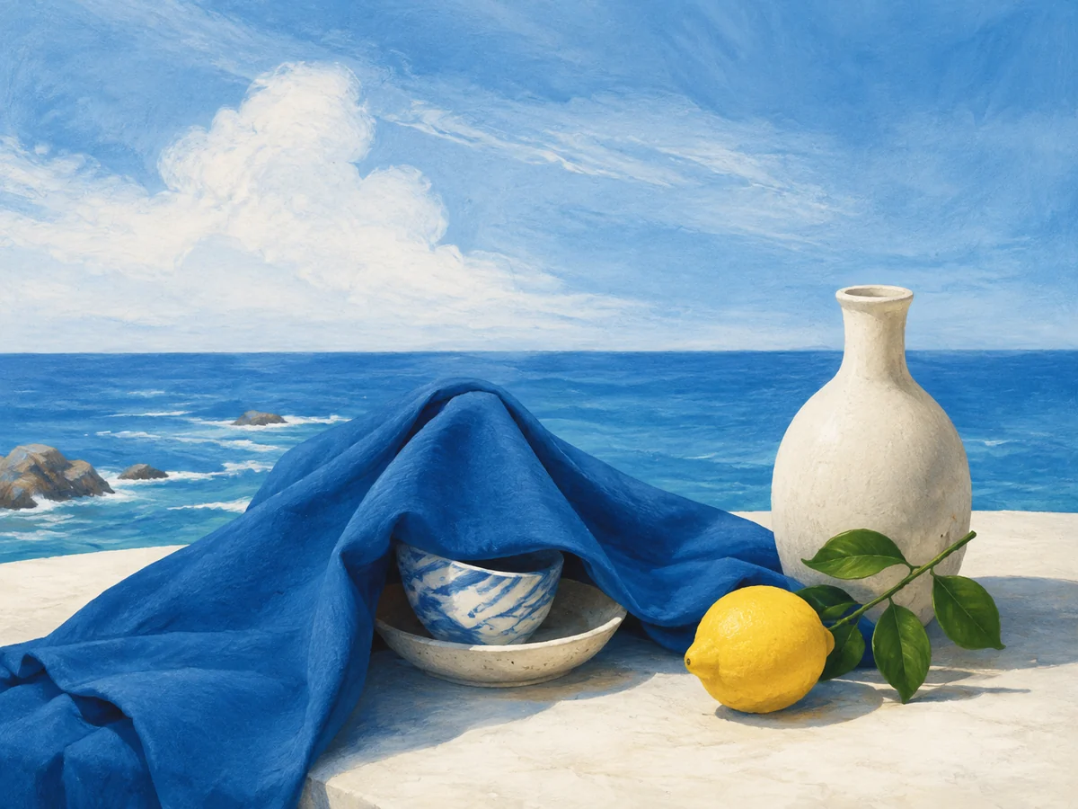 A folded blue cloth covering a still life